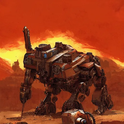 Image similar to comic book style battlemech, post-apocalyptic, high-tech, hulking, wide shot, desert background, highly detailed, artstation, concept art, sharp focus, illustration, art by abaddon and magali villeneuve, red brown and white color scheme