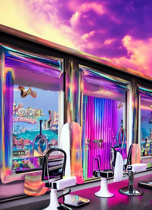 Image similar to iridescent hair salon at sunrise Details to include : * bus * cars * popcorn machine digital art, full shot RPG, official media, beautiful, detailed, high quality, wallpaper 4K, epic, trending on artstation and behance, dynamic lightning ,