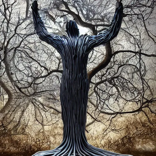 Image similar to a human man statue encased by a cosmic tree, a sense of awe, amazement, monogon, plasma display, wooden, silver, mercury, damascus, armature wire, multiscopy, morph, in a symbolic and meaningful style, insanely detailed and intricate, hypermaximalist, elegant, ornate, hyper realistic, super detailed,