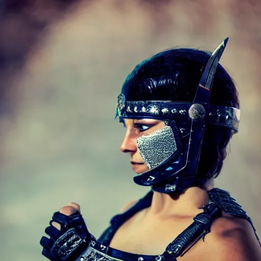 Prompt: photo of female warrior with sapphire encrusted armour