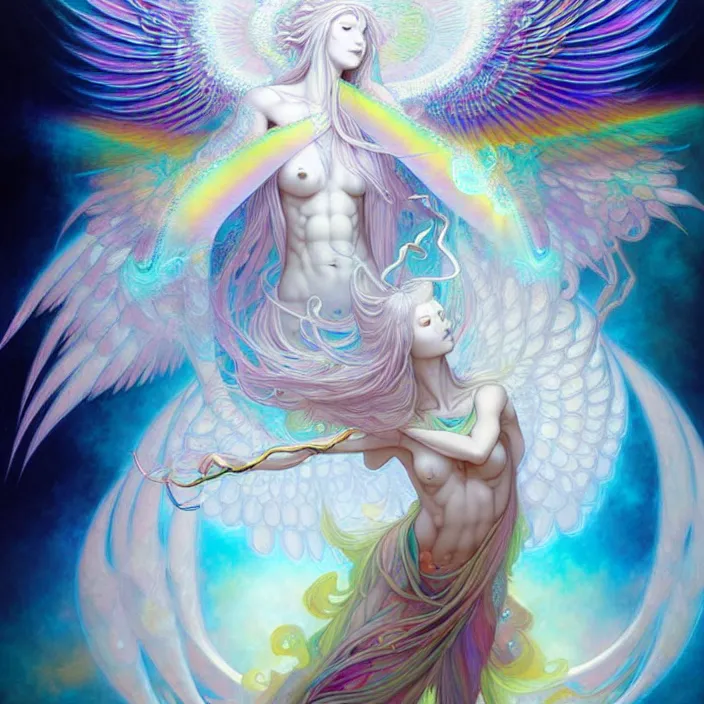 Image similar to psychedelic angelic celestial being by yoshitaka amano, and peter mohrbacher, ayahuasca, sacred geometry, esoteric art, rainbow colors