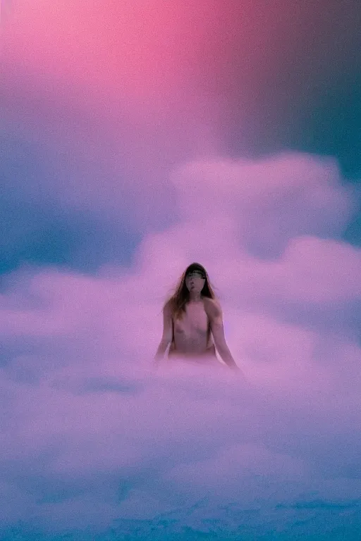 Image similar to high quality pastel coloured film close up wide angle photograph of a model wearing clothing swimming on cloud furniture in a icelandic black rock!! environment in a partially haze filled dreamstate world. three point light, rainbow. photographic production. art directed. pastel colours. volumetric clouds. pastel gradient overlay. waves glitch artefacts. extreme facial clarity. 8 k. filmic.