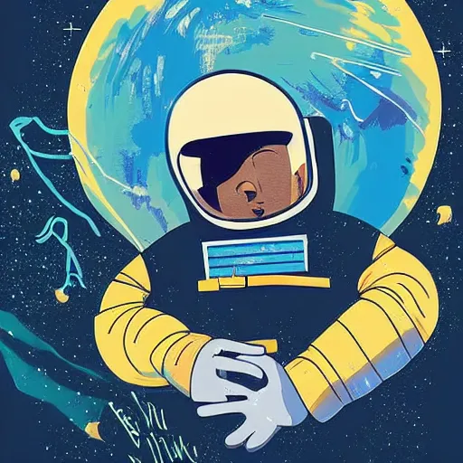 Prompt: Ben Lawson illustration of an astronaut drifting in space staring at the earth