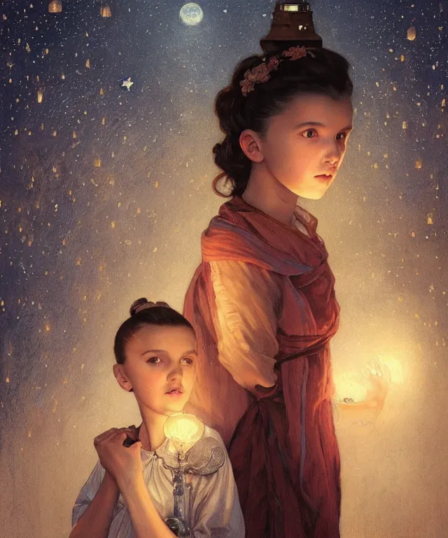 Prompt: a beautiful painting of a girl resembling millie bobby brown in front of the lantern festival in a an ancient italian town, at night with a sky full of stars, intricate, elegant, highly detailed, digital painting, artstation, concept art, by krenz cushart and artem demura and alphonse mucha