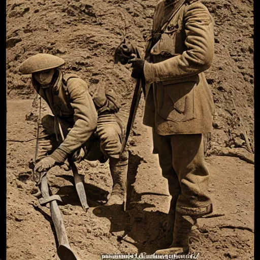 Image similar to ultra detailed photorealistic sepia - toned photograph from 1 9 1 7, three british soldiers standing at an archaeological dig site in wadi rum, ultra realistic, painted, intricate details, lovecraft, atmospheric, dark, horror, brooding, highly detailed, by clyde caldwell