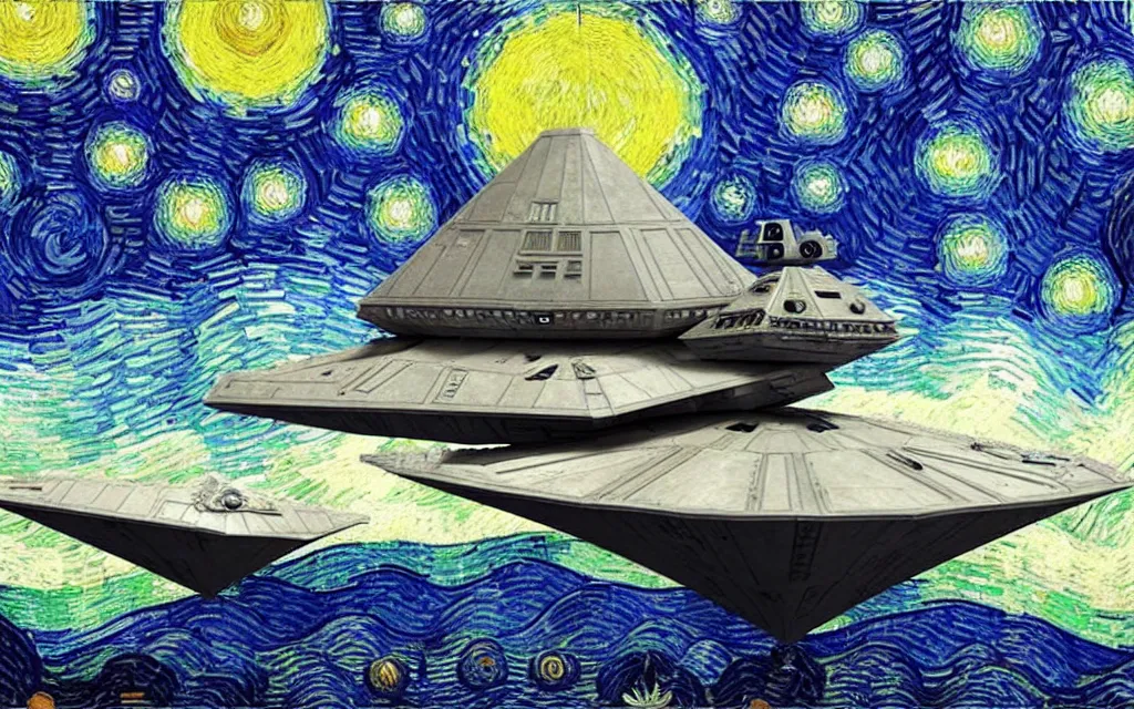 Prompt: star wars star destroyer from star wars in the sky of the starry night by van gogh modern inpainting high details