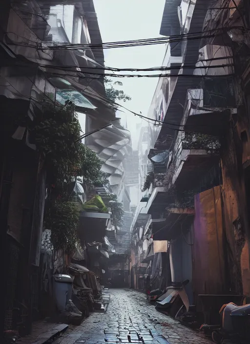 Image similar to hanoi alleyway, unreal engine 5, keyshot, octane, artstation trending, ultra high detail, ultra realistic, cinematic, 8 k, 1 6 k, in style of zaha hadid, in style of nanospace michael menzelincev, in style of lee souder, in style of photogrammetry cloud, in plastic, dark, tilt shift