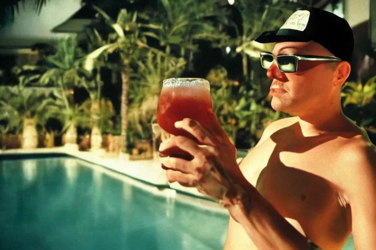 Prompt: agent 4 7 drinking a tropical cocktail by the pool, over the shoulder perspective, in 1 9 8 5, y 2 k cybercore, industrial low - light photography, still from a terry richardson photo