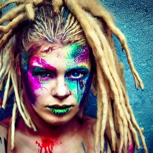 Image similar to astonishingly beautiful woman in tattered clothes revealing body, blonde dreadlocks, make up, vivid colors