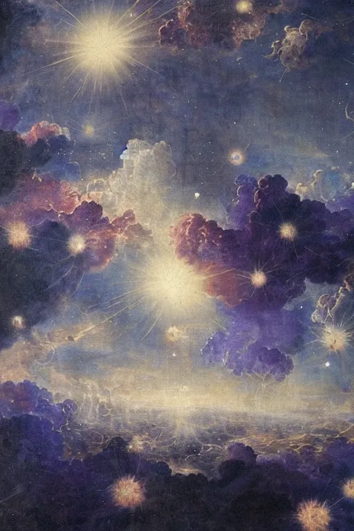 Image similar to intricate beautiful blue, black and purple papaver, nebula in the sky, 1 7 th century, matte painting, renaissance painting