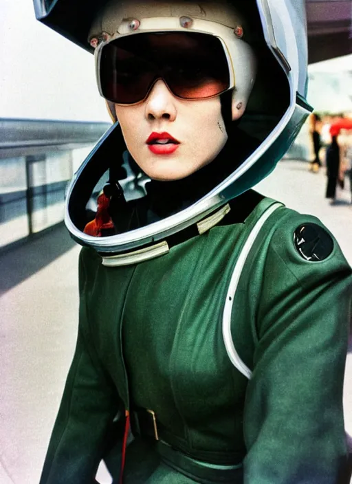 Prompt: ektachrome, 3 5 mm, highly detailed : incredibly realistic, perfect features, buzz cut, beautiful three point perspective extreme closeup 3 / 4 portrait photo in style of chiaroscuro style 1 9 7 0 s frontiers in flight suit cosplay tokyo seinen manga street photography vogue fashion edition