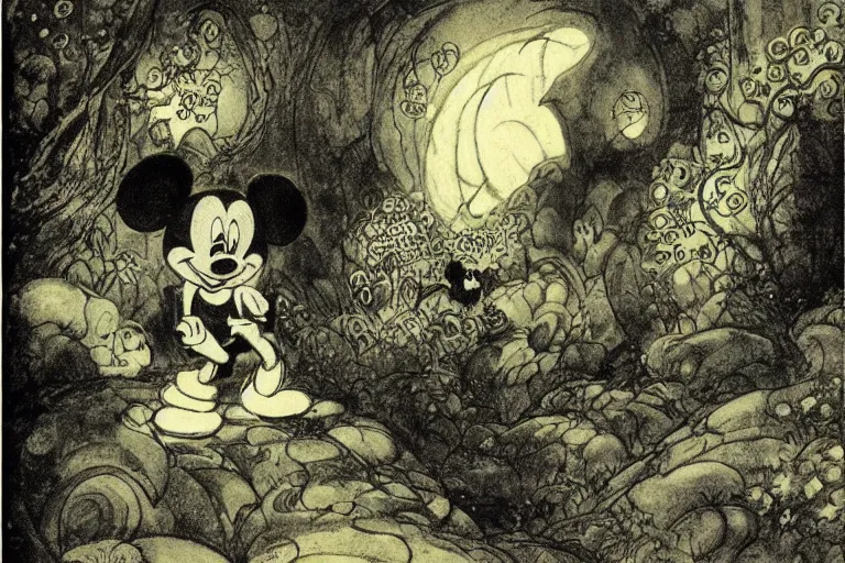 Prompt: magical 1920's style disney art of a mickey mouse scene by sidney sime gustave dore goya