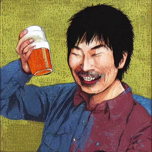 Image similar to a man happily drinks beer by Kimitake Yoshioka.