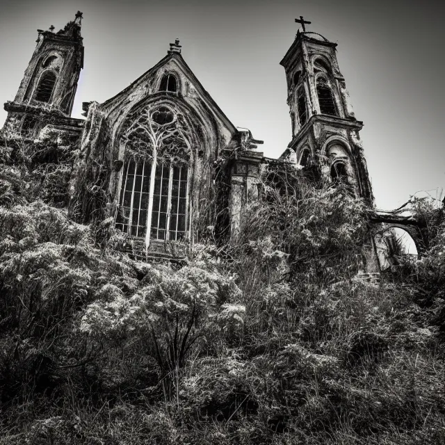 Prompt: abandoned cathedral with overgrown vegetation, vintage infrared photograph