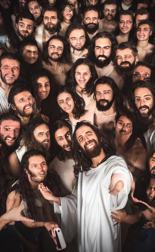 Image similar to jesus christ taking a selfie with his fans on the day he was crucified, portrait, full shot, rim light, photography,