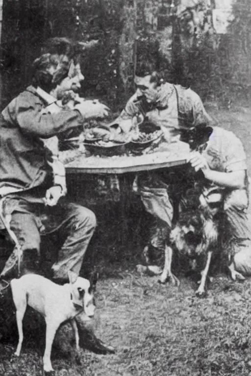 Image similar to men eating dog, old photo