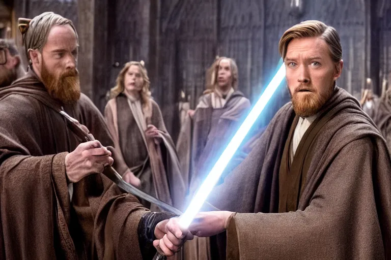 Image similar to film still, kenobi in a wizarding pointy hat waves a wand in the new harry potter movie,