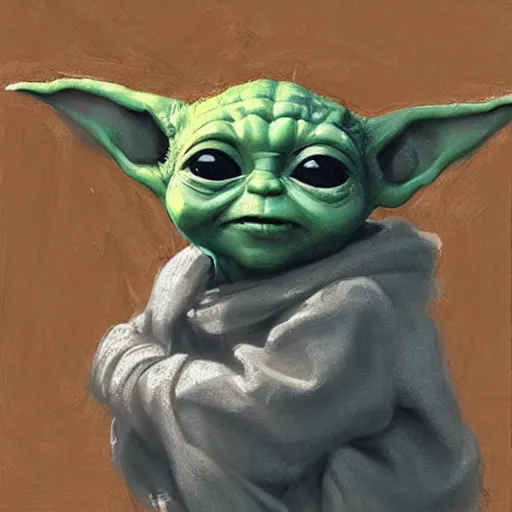 Image similar to portrait of a sad baby yoda looking at the burning world, artwork by guy denning and charlie bowater,