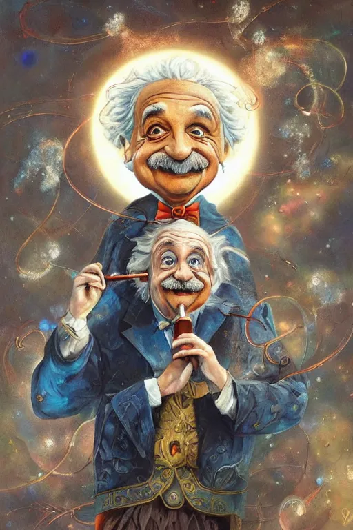 Image similar to breathtakingly beautiful painting of albert einstein dressed as a disney genie, thinking about equations, moonlit sky, matte painting by brian froud, shaun tan, wlo and peter mohrbacher, highly detailed, intricate,, award winning artwork, trending on artstation, high quality printing, fine art