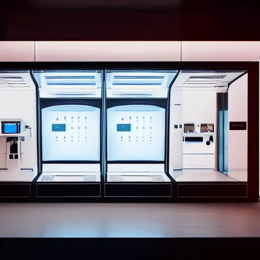 Prompt: award winning product photography of a sleek, futuristic, minimalist vending machine designed by apple, studio lighting, white background, 8 k, ultra detailed,