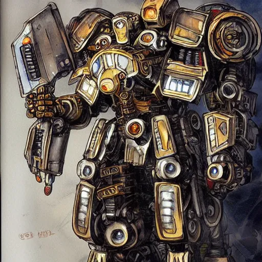 Image similar to concept art of an humanoid steampunk mecha in the shape of an armored hoplite by ayami kojima