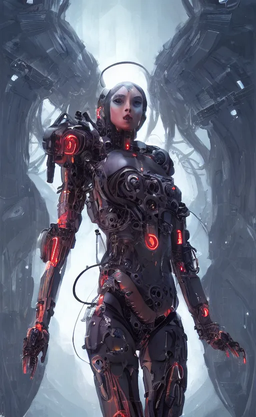 Image similar to a cyborg succubus, flawless symmetrical pretty cute face, greg rutkowski, 8 k, shallow depth of field, intricate detail, concept art,