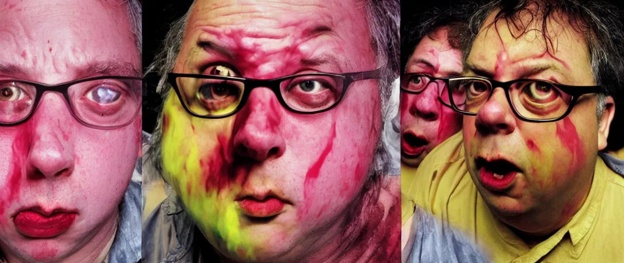 Image similar to award winning photo of todd solondz playing running scared, angry crowd, vivid colors, happy, symmetrical face, beautiful eyes, studio lighting, wide shot art by sally mann & arnold newman, francis bacon, ewa juszkiewicz, jenny saville, yayoi kusama, ai weiwei and gregory crewdson