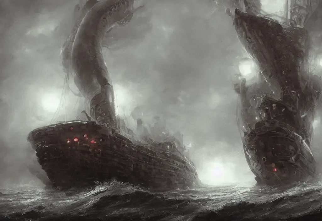 Image similar to a giant octopus wrapped around a large ship in the ocea, stormy, artstation, jakub rozalski, high detail, dramatic lighting, night, fog