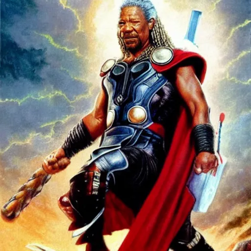 Image similar to ultra realistic portrait painting of morgan freeman as thor, art by frank frazetta, 4 k, ultra realistic, highly detailed, epic lighting