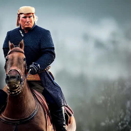 Image similar to fat version of donald trump riding a horse as geralt of rivia from the witcher movie, dramatic film still, details, sigma 7 5 mm, 4 k