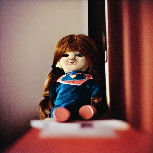 Prompt: fujifilm superia photo of a scary doll in empty office room, liminal, gloomy, grainy