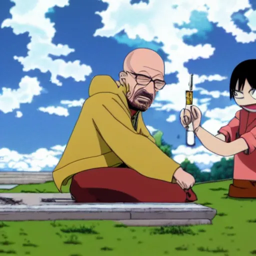 Image similar to walter white smoking a joint with jesse pinkman, in One Piece Anime Series, 4k Resolution.