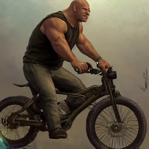 Prompt: shrek rides a bicycle motor and beats vin diesel in fast and furious race while wearing a helmet, highly detailed, digital painting, artstation, concept art, smooth, sharp focus, illustration, art by artgerm and greg rutkowski and alphonse mucha