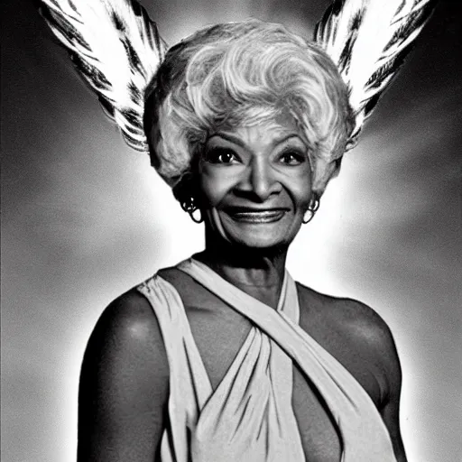 Image similar to nichelle nichols as a heavenly angel in cloud heaven meeting with god photorealistic fantasy epic