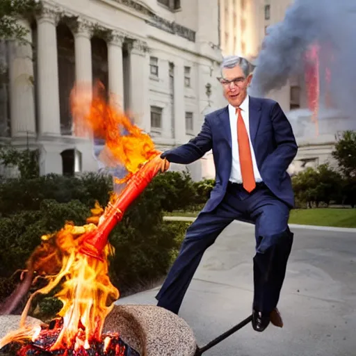 Image similar to photo of Jerome Powell using a flamethrower, highly-detailed, award-winning