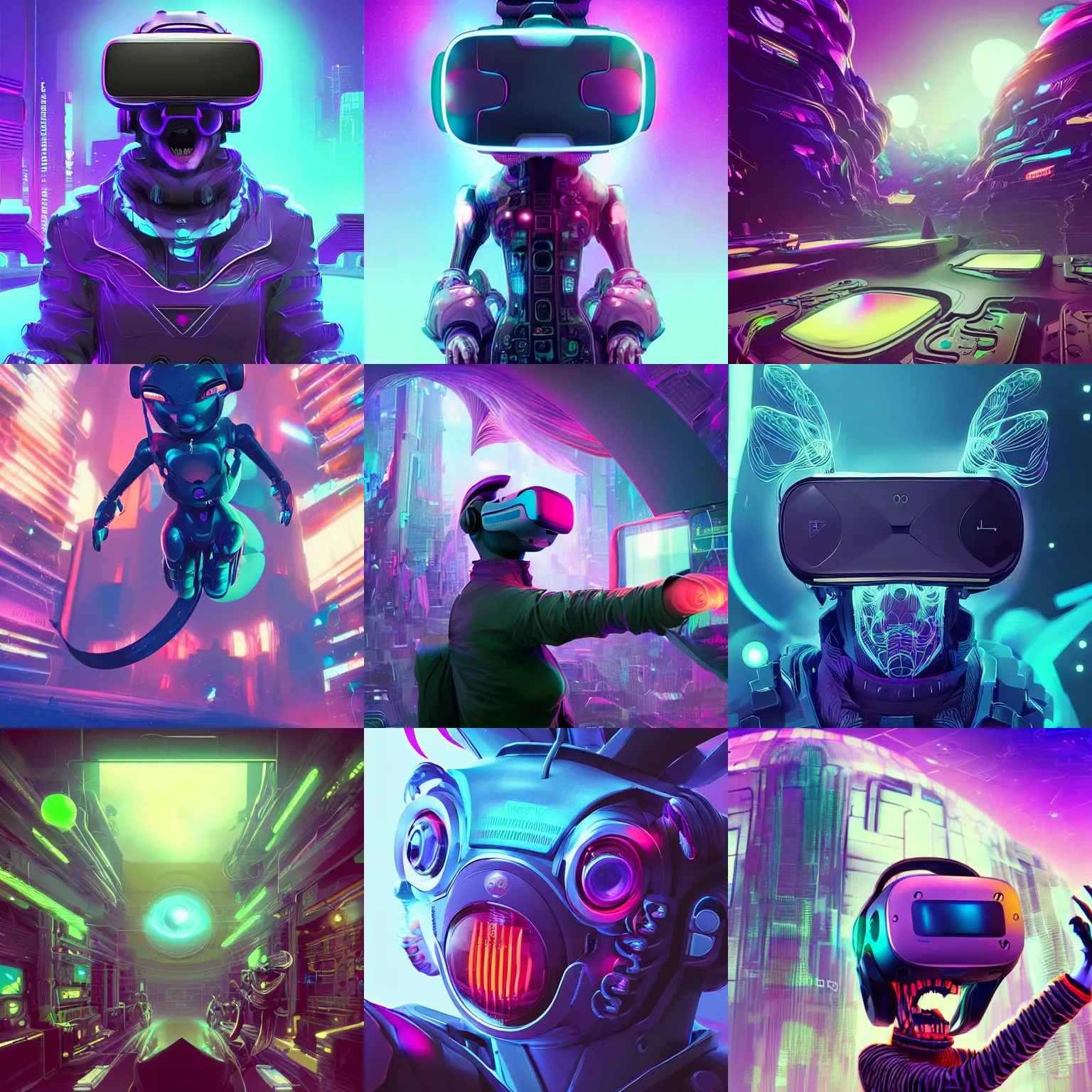 Prompt: neosvr!!! virtual reality metaverse engine, unity render, trending on artstation, by android jones, by beeple!!!, furry, anime, robot, cyberpunk, synthwave, darksynth