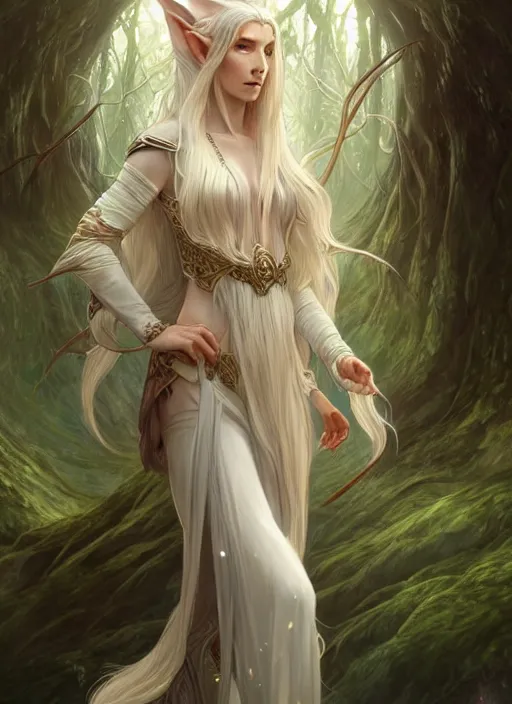 Image similar to portrait of a fantasy elf female sorceress queen with long white hair flowing wind in an ancient forest filled with magic, highly detailed, digital painting, artstation, smooth, sharp focus, illustration, art by artgerm and greg rutkowski and alphonse mucha