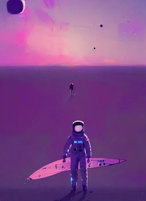 Prompt: astronaut surfer, purple and blue hour, by ismail inceoglu