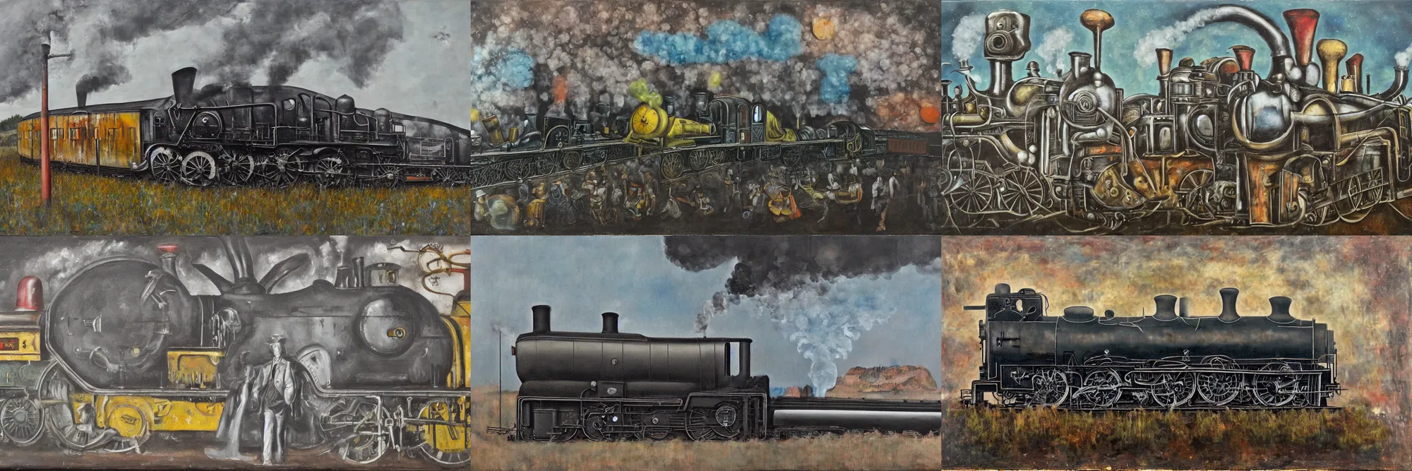 Prompt: an oil painting entitled \'the silver steam train\' in the style of max ernst and Joel-Peter Witkin