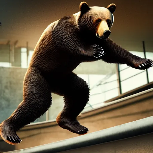 Prompt: a bear rips off tony hawk's legs, photograph, hyper realistic, outdoors, midafternoon, 4 k, artstation, unreal engine, cinematic