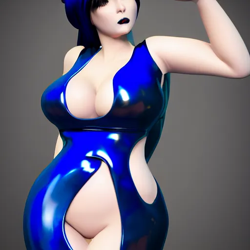 Prompt: curvy feminine hot goth cutie in a sublime elegant polished blue latex neck-high gown with white-golden trim and latex leggings, thin waist, cgsociety, photorealistic, comfy ambience, idealistic, 16k, smooth, sharp focus, trending on ArtStation, volumetric lighting, fully clothed, worksafe