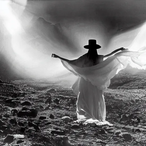 Image similar to 1 9 7 0's artistic spaghetti western movie, a woman in a giant billowy wide flowing waving dress made out of white smoke, standing inside a dark western rocky scenic landscape, volumetric lighting, backlit, moody, atmospheric