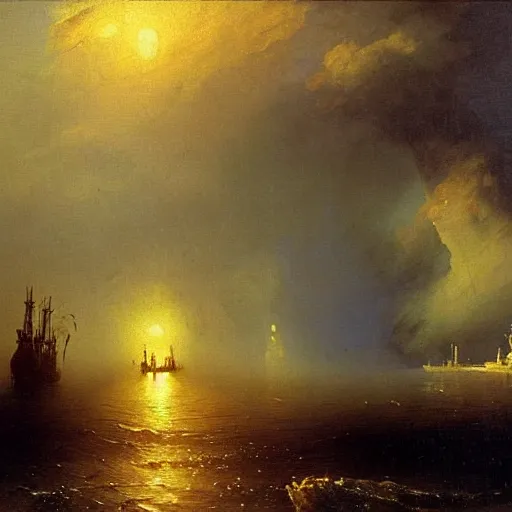 Prompt: post apocalyptic oil rig by aivazovsky, oil on canvas, highly detailed, masterpiece painting