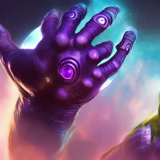 Image similar to Thanos holding the infinity gauntlet, concept art by Android Jones, cgsociety, sumatraism, 8k, #vfxfriday, ue5