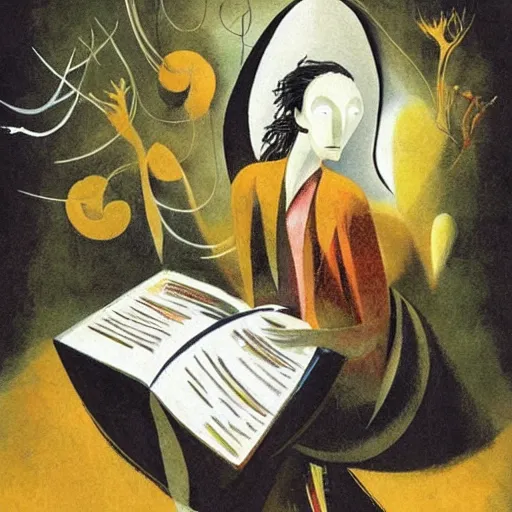 Prompt: the philosopher woman recludes from the world surrounded by a pile of books, art by dave mckean and leonora carrington