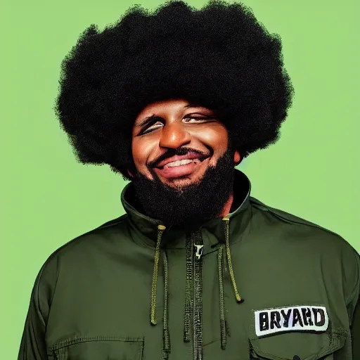 Prompt: photograph of a gigantic black man with afro hair and beard stubble wearing an adidas army green jacket, looming over dublin