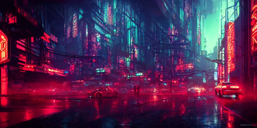 Prompt: concept art, octane render, a brooding, dystopian city, reflections, volumetric neon lighting, dramatic, emerald red neon glow, 8 k, ultra - hd, insanely detailed and intricate, hypermaximalist, elegant, ornate, by gerald brom, by syd mead, akihiko yoshida, doug chiang, cinematic