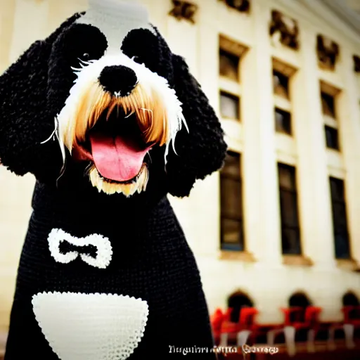 Image similar to a closeup photorealistic photograph of a cute smiling knitted bernedoodle judge dog dressed in a black gown, presiding over the courthouse. indoor image, professional capture, well lit shot. this 4 k hd image is trending on artstation, featured on behance, well - rendered, extra crisp, features intricate detail, epic composition and the style of unreal engine.