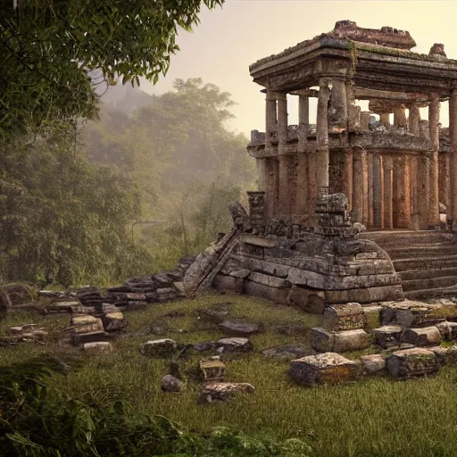 Prompt: The Lost Temple: An ancient temple that has been lost in the jungle for centuries. It's said to be guarded by a vicious tribe of savages. octane render, 8k