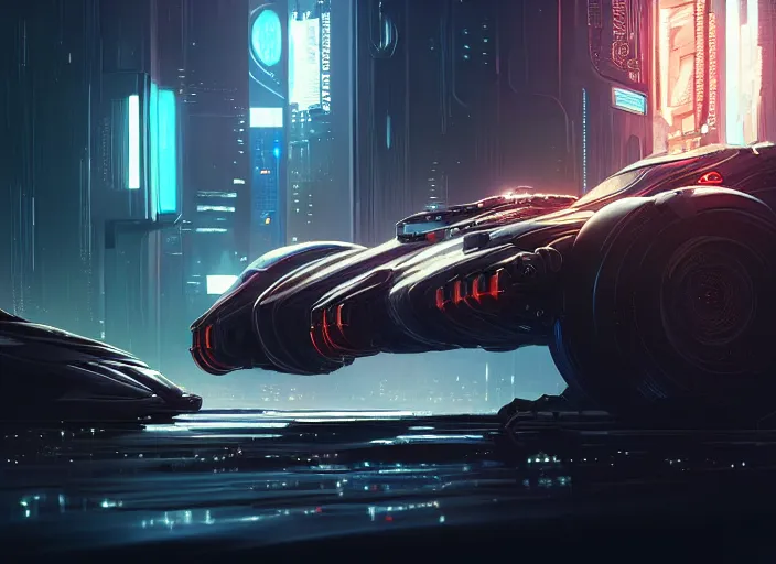 Image similar to detailed intricate digital illustration by greg rutkowski and artgerm and wlop and sanford robinson gifford ; cyberpunk futuristic vehicle, glowing headlights ; 1 3 mm film, wide angle arri alfa anamorphic lens ; sharp focus, soft evening lighting, trending on artstation 4 k